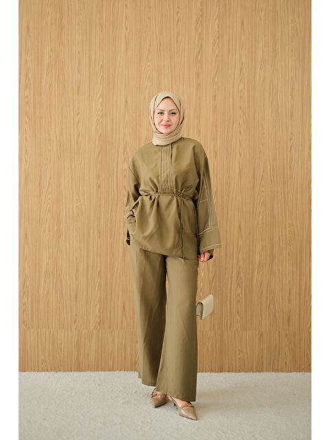 Locco Moda Kadın Nakış Detay Bel Bağlamalı Takım Haki Yeşil