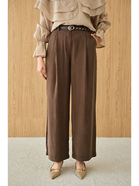 Locco Moda Kadın Pileli Kemerli Pantolon Kahverengi