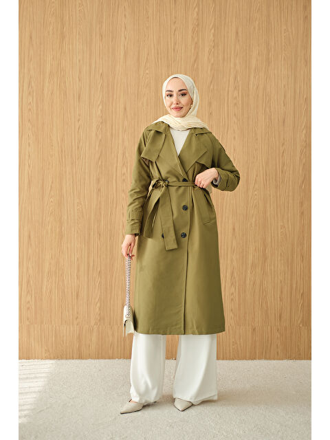 Locco Moda Kadın Omuz Düğme Detay Kruvaze Yaka Midi Boy Trenç Haki Yeşil