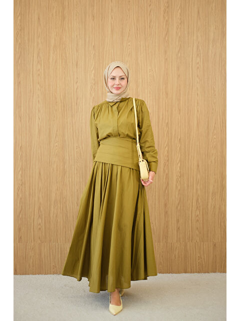 Locco Moda Kadın Gizli Düğmeli Beli Kuşaklı Gömlek Yaka Takım Yağ Yeşil