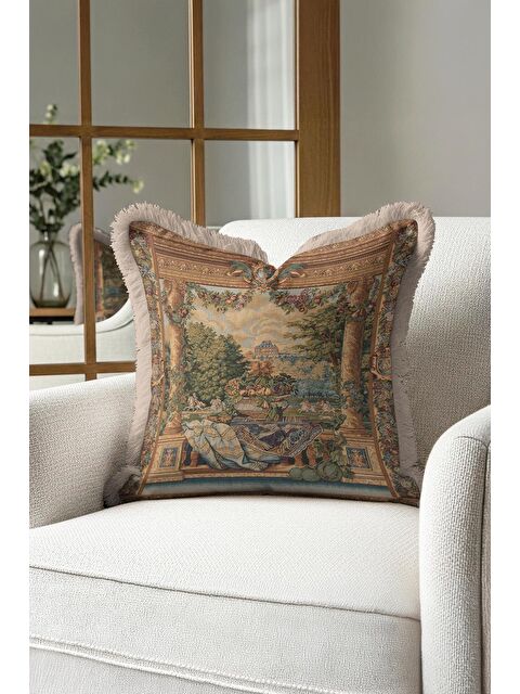 Milbay Grup Avangard Barok Saçaklı Yastık Kılıfı - Şato Bahçe Klasik Nostaljik Altın Renk Püsküllü Kırlent Kılıf