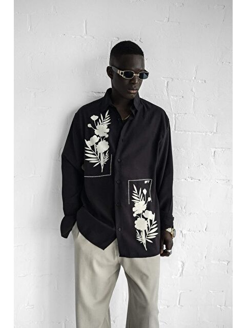 Abluka Online Erkek Dokulu Baskılı Oversize Rahat Gömlek Siyah - S000365713-19351