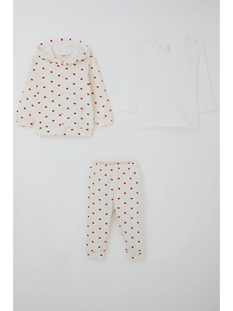 Breeze Kız Bebek Bodyli 3 Lü Takım Kalp Desenli Önden Çıtçıtlı Krem (4 Ay-1 Yaş)