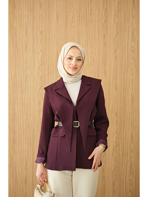 Locco Moda Kadın Kruvaze Yaka Cep Detay Ceket Mürdüm