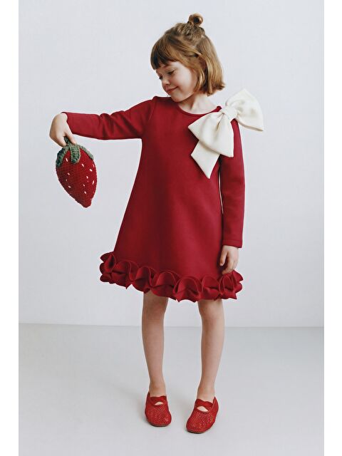 Magu Kız Çocuk Pamuklu Kırmızı Fırfır Fiyonk Detaylı Elbise - S000521398-20045