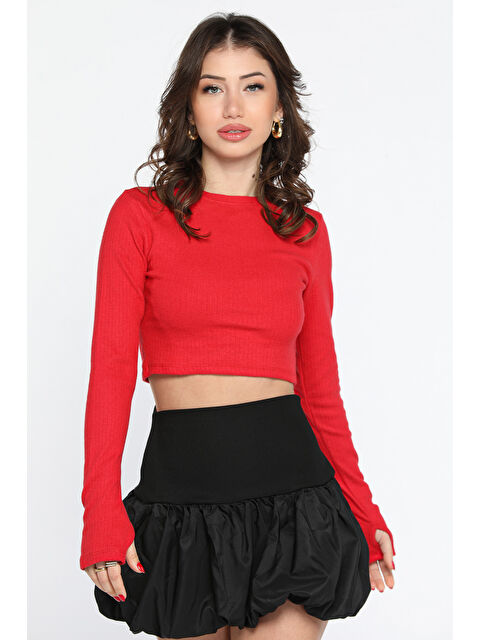 Gülseli Kadın Bisiklet Yaka Kolu Pencereli Kaşkorse Crop Top Bluz - S000299204-20045