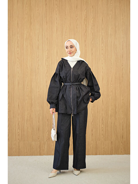 Locco Moda Kadın Beli Lastik Detay V Yaka Kemerli Takım Lacivert