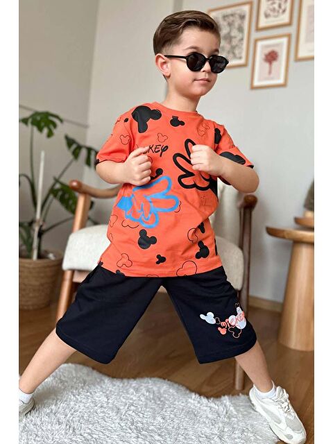 Riccotarz Erkek Çocuk Parmak ve Ayıcık Baskılı Turuncu T-Shirt Şortlu Takım - S000399930-20013