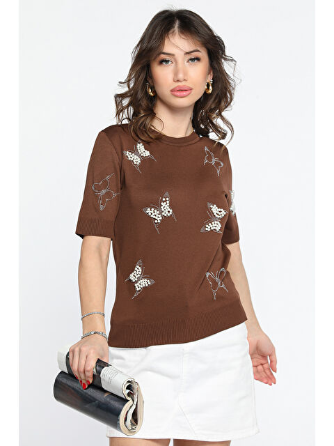 Gülseli İncili Baskılı Triko Tişört - S000289722-19413