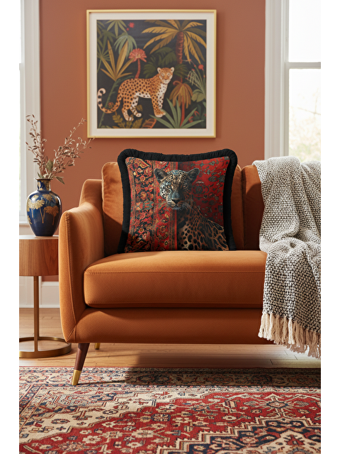 Milbay Grup Oryantal Leopar Temalı Saçaklı Yastık Kılıfı - Kırmızı Siyah Lüks Etnik Püsküllü Kırlent Kılıfı