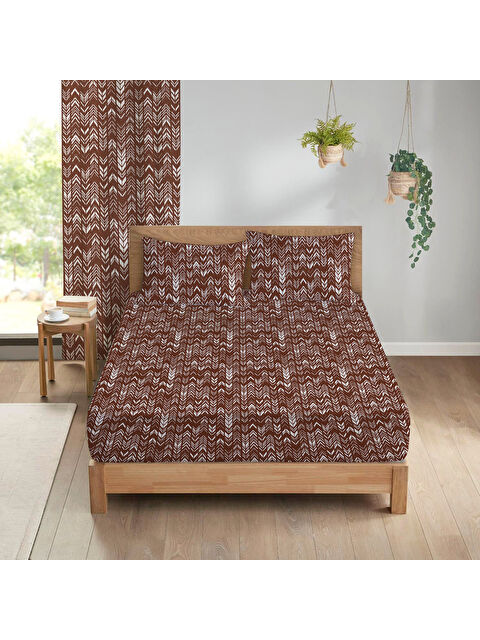 Evmila Modern Desenli Baskılı 180x200 Çift Kişilik Lastikli Çarşaf Seti Kahverengi - S000291127-23173