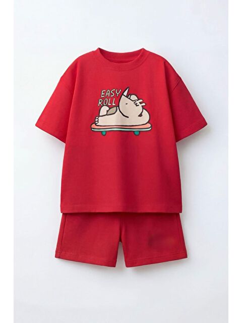 Monila Erkek Çocuk Pamuklu Kırmızı Gergedan Baskılı T-Shirt Ve Şort Alt Üst Takım