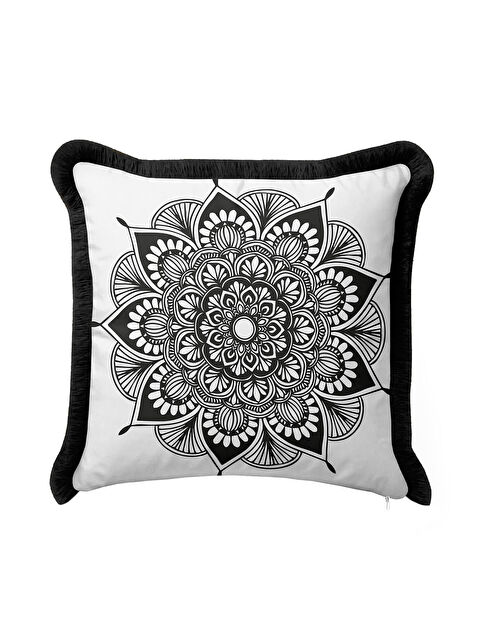 Milbay Grup Mandala Motifli Saçaklı Yastık Kılıfı - Siyah Beyaz Bohem Etnik Stilde Püsküllü Kırlent Kılıfı