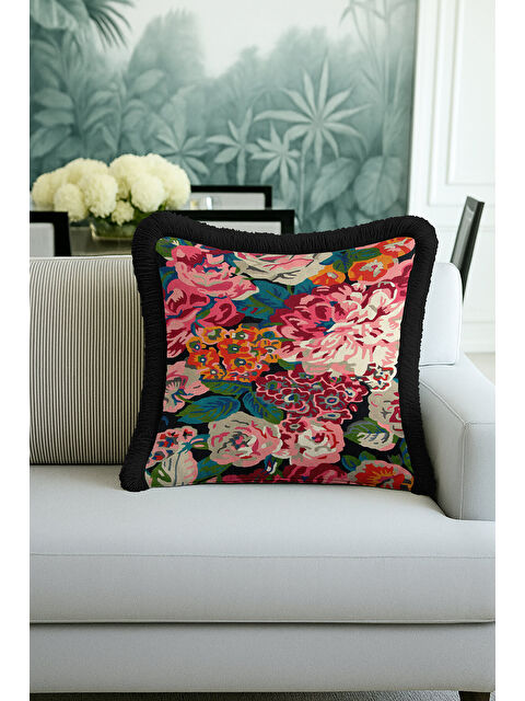Milbay Grup Vintage Çiçek Bahçesi Saçaklı Yastık Kılıfı - Canlı Bohem Pembe Yeşil Siyah Püsküllü Kırlent Kılıfı