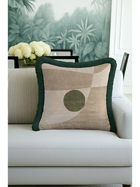 Milbay Grup Modern Geometrik Saçaklı Yastık Kılıfı - Minimalist Doğal Yeşil Rustik Püsküllü Kırlent Kılıfı