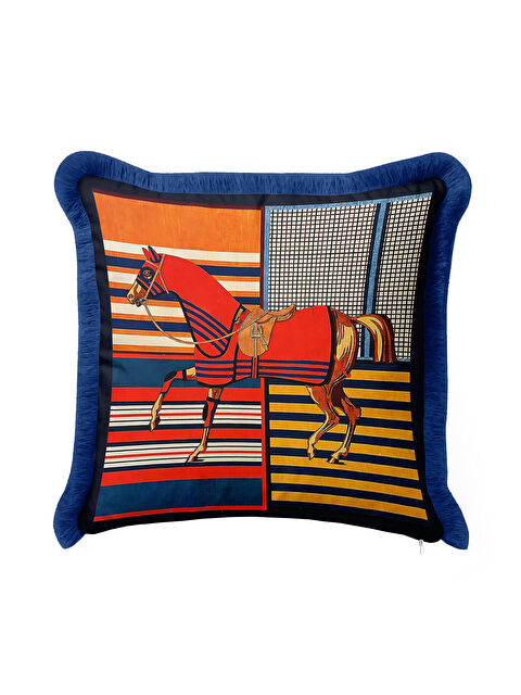 Milbay Grup Büyük At Figürlü Saçaklı Yastık Kılıfı-Canlı Lüks Eklektik Temalı Lacivert Püsküllü Kırlent Kılıfı