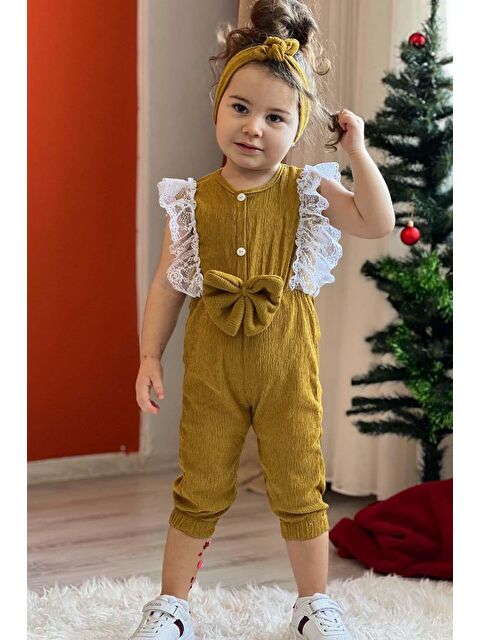 Riccotarz Kız Çocuk Omuzdan Göğse Dantel İşlemeli Beli Fiyonk Detaylı Bandanalı Hardal Tulum - S000466153-20074