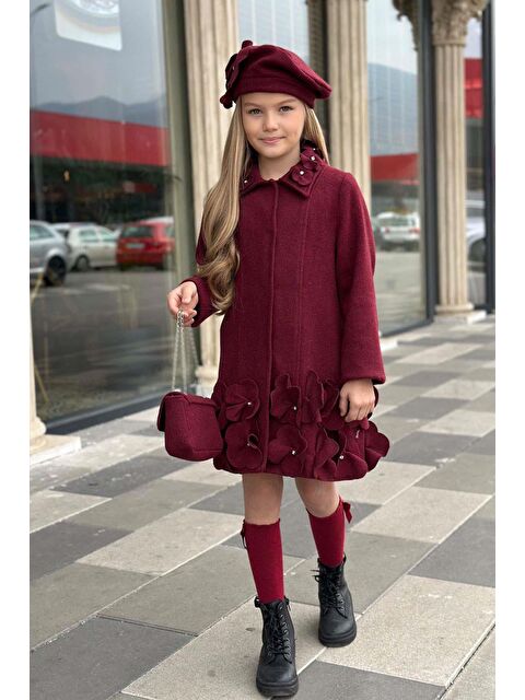 Riccotarz Kız Çocuk Yakası Taş ve Yonca Detaylı Çıtçıt Düğmeli Bordo Kaşe - S000466154-19951
