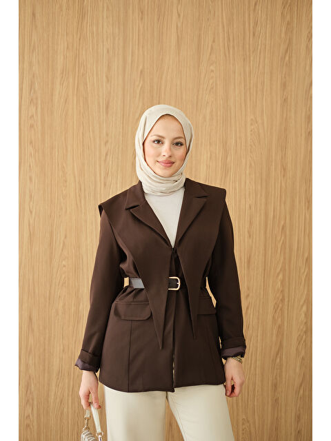 Locco Moda Kadın Kruvaze Yaka Cep Detay Ceket Kahverengi