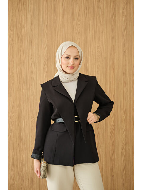 Locco Moda Kadın Kruvaze Yaka Cep Detay Ceket Siyah