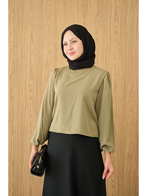 Locco Moda Kadın Dik Yakalı Ve Balon Kol Bluz Yeşil