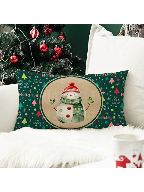 Evmila Yılbaşı Temalı Kardan Adam Desenli Kadife Kırlent Kılıfı 35x55 cm - S000285234-23173