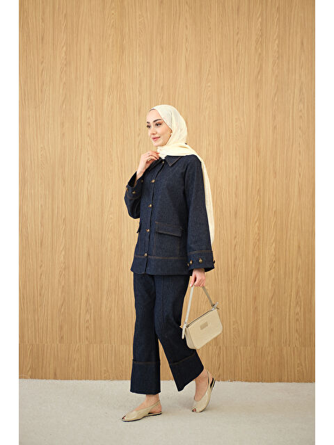 Locco Moda Kadın Düğme Detay Çift Cepli Jean Takım Lacivert