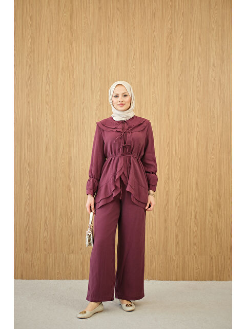 Locco Moda Kadın Bel Bağlamalı Takım Mürdüm