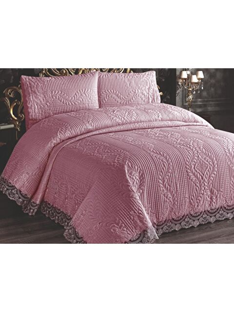 Çeyiz Diyarı Simirna Dantell Kapitoneli Ultrasonik Çift Kişilik Yatak Örtüsü Pudra - S000487200-23173