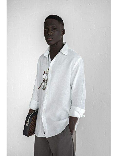 Abluka Online Erkek Uzun Kollu Regular Fit %100 Keten Gömlek Beyaz - S000365715-20063