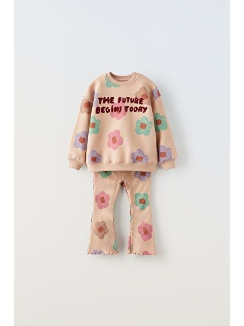 Magu Kız Çocuk Pamuklu Bej Çiçek Desenli Sweatshirt Ve Eşofman Takımı - S000435906-24085
