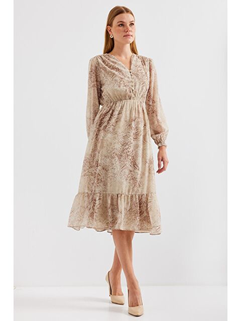 Bigdart 2137 Desenli Şifon Elbise - Y.Bej