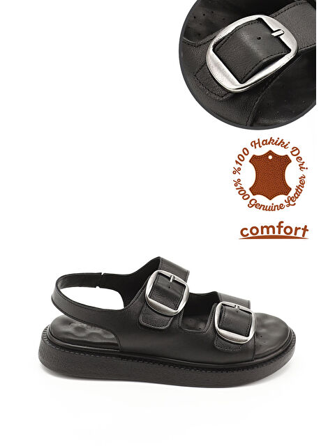 GÖNDERİ(R) Kadın ZÜMRÜT-SİYAH Cırtlı Tokalı Hakiki Deri Comfort Sandalet