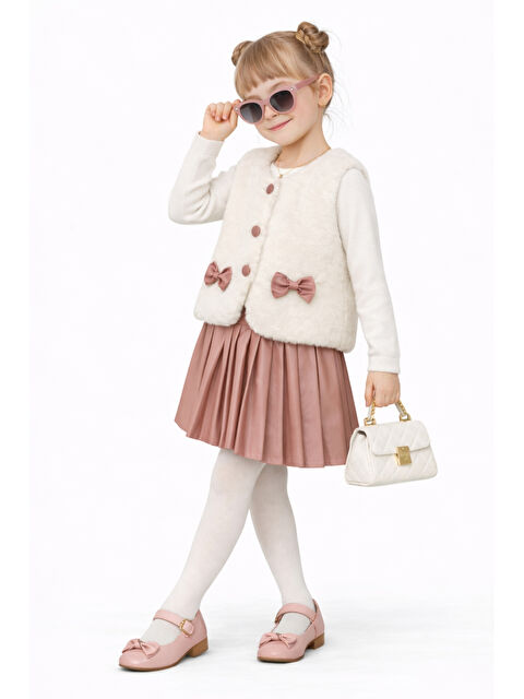 Ahengim Kız Çocuk Pelüş Yelekli Deri Piliseli Etek 3 lü Set Takım Ak2601 - S000516771-20028