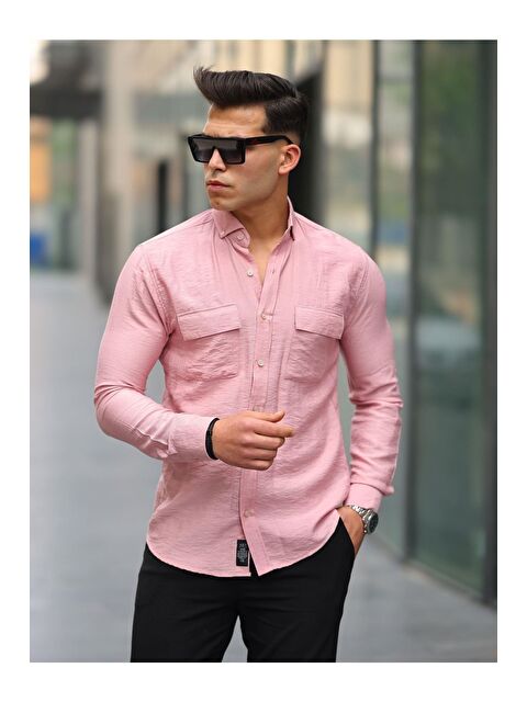 Comstar Erkek A Kalite Keten Slim Fit Uzun Kol Çift Kapaklı Gömlek