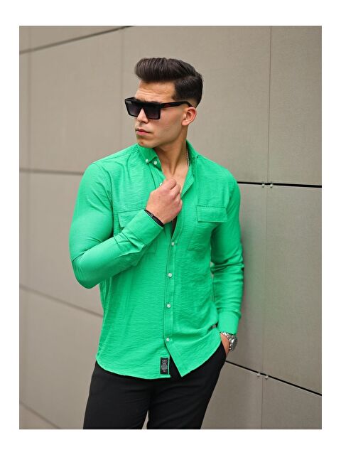 Comstar Erkek A Kalite Keten Slim Fit Uzun Kol Çift Kapaklı Gömlek