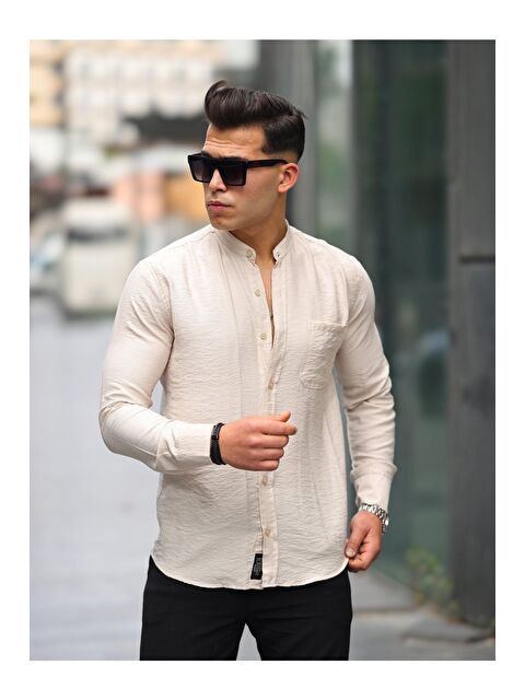 Comstar Erkek A Kalite Keten Slim Fit Kapaksız Hakim Yaka Uzun Kol Gömlek