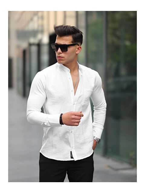 Comstar Erkek A Kalite Keten Slim Fit Kapaksız Hakim Yaka Uzun Kol Gömlek