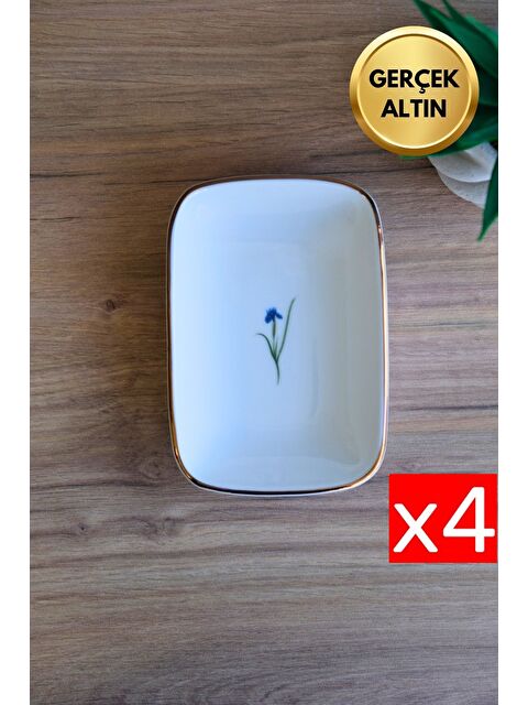 TABAK EVİ Porselen Natura İris Altın Yaldızlı Dikdörtgen Kayık Tabak 14X9,8cm 4 lü - S000488792-23173