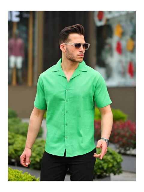 Comstar Erkek Keten Kumaş Kısa Kollu Şal Yaka Gömlek