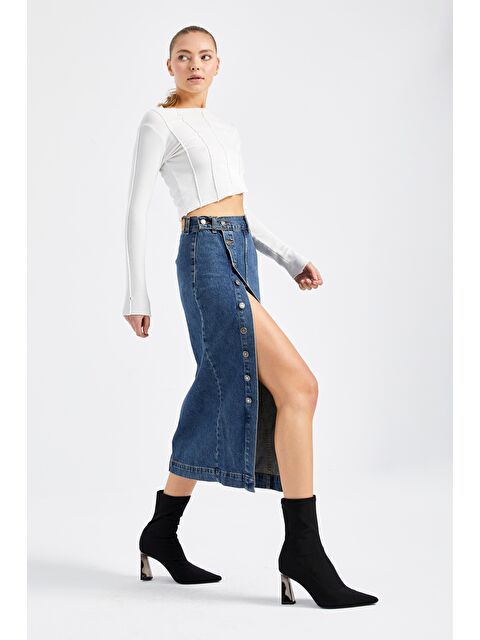 It's Basic Kadın Tint Jean Rengi Önü Düğmeli Maxi Boy Denim Etek - S000144298-18194