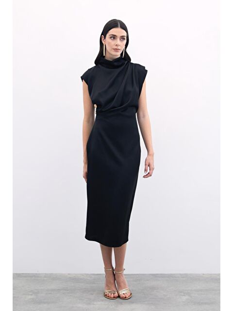 SATEEN Düğme Detaylı Uzun Elbise - Siyah - S000358395-19351
