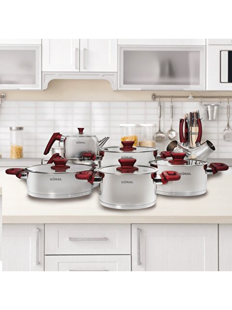 GÜRAL PORSELEN 16 Parça Çelik Tencere Takımı - Kırmızı