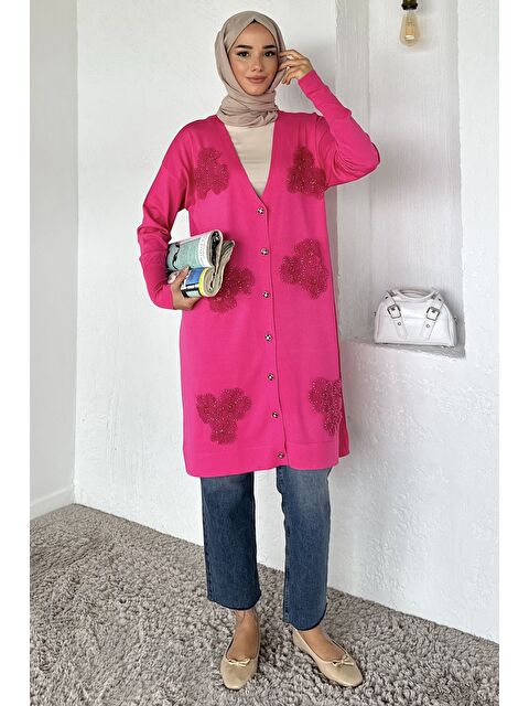 Julude Gülseli Çiçek Fistolu Taş İşlemeli Ön Düğmeli Tesettür Triko Hırka - S000470327-18686