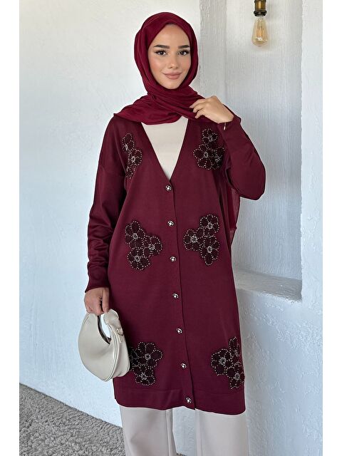 Julude Gülseli Çiçek Fistolu Taş İşlemeli Ön Düğmeli Tesettür Triko Hırka - S000470327-19951