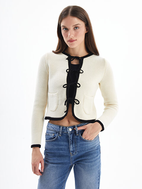 Dexia Manduria   Fiyonk Detaylı Uzun Kollu Hırka   Ekru Siyah Çzigili Renk - S000276137-19965