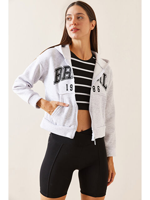 Xhan Gri Kapüşonlu   Baskılı Sweatshirt 5YXK8 48911 03 - S000272496-20600