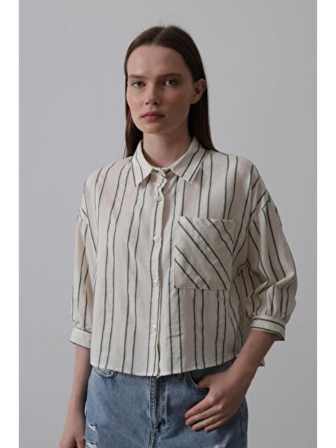 Jane's Çizgili Kısa Gömlek - Bej-Yeşil