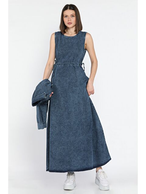 Gülseli Kadın Bel Bağlamalı Jean Elbise Ceket İkili Takım - S000373537-17234