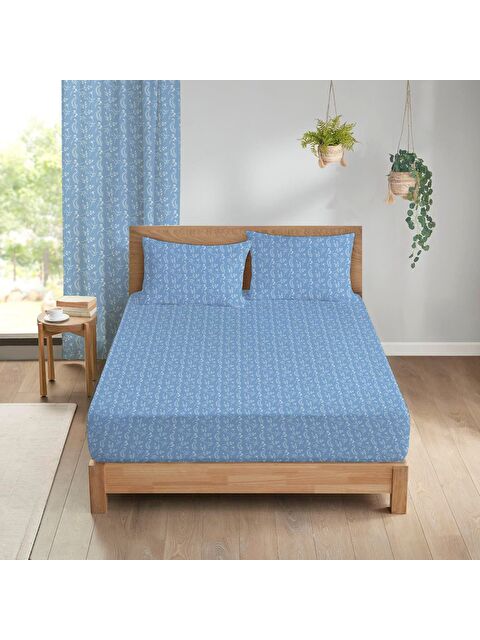 Evmila Çiçek Desenli Baskılı 180x200 Çift Kişilik Lastikli Çarşaf Seti Mavi - S000291131-23173